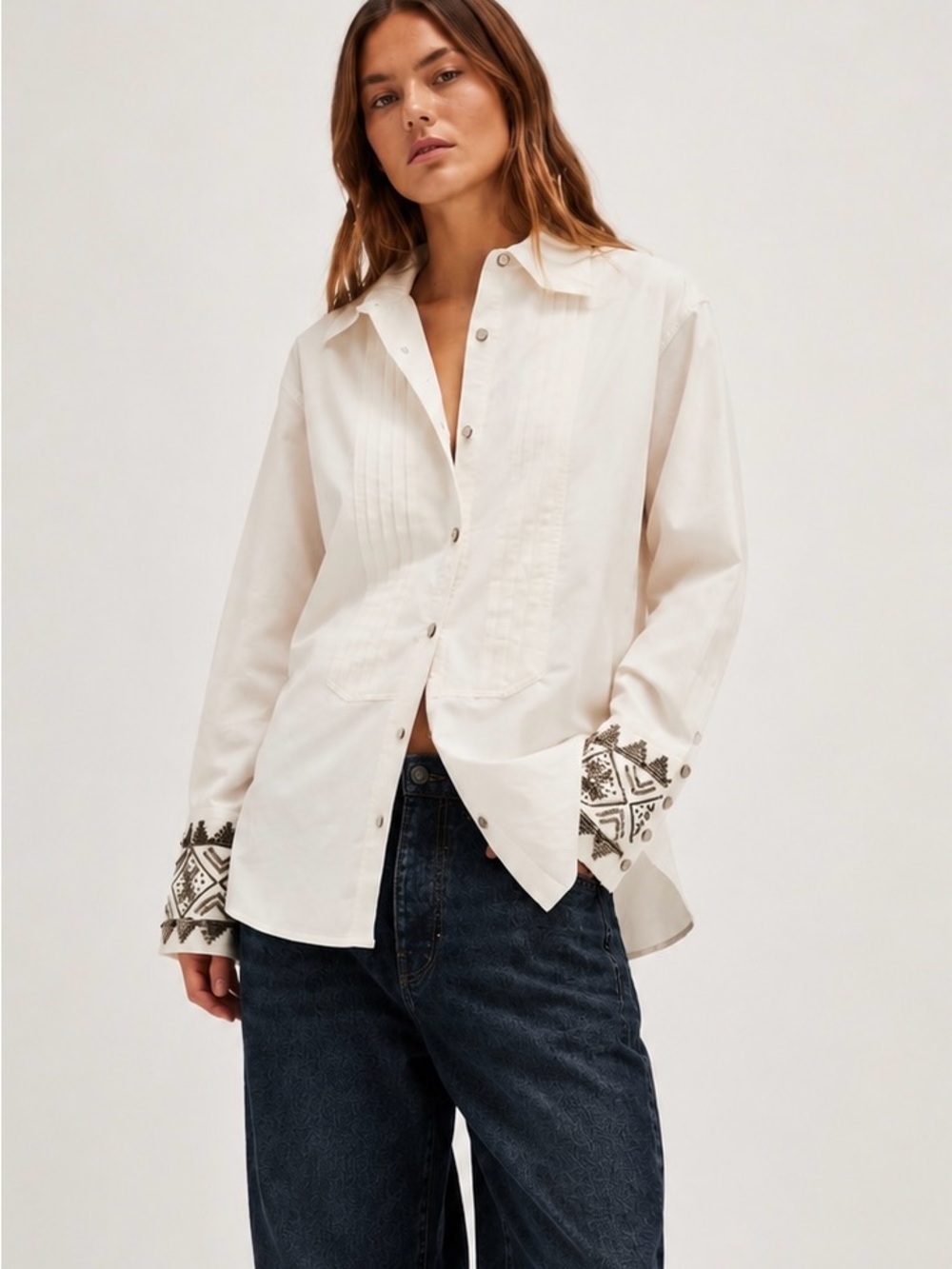 We The Free All The Shine Ivory Button-Front Beaded Shirt Women’s XS Oversized
